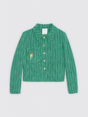 Sandro Green Striped Jacket with Gold Buttons